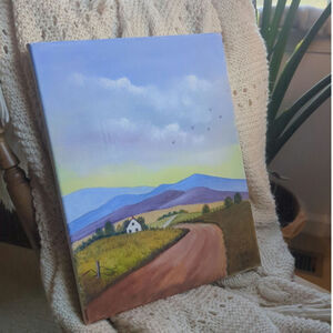 Original Folk Art Landscape Painting Signed J. Hall – Farmhouse Art on Canvas